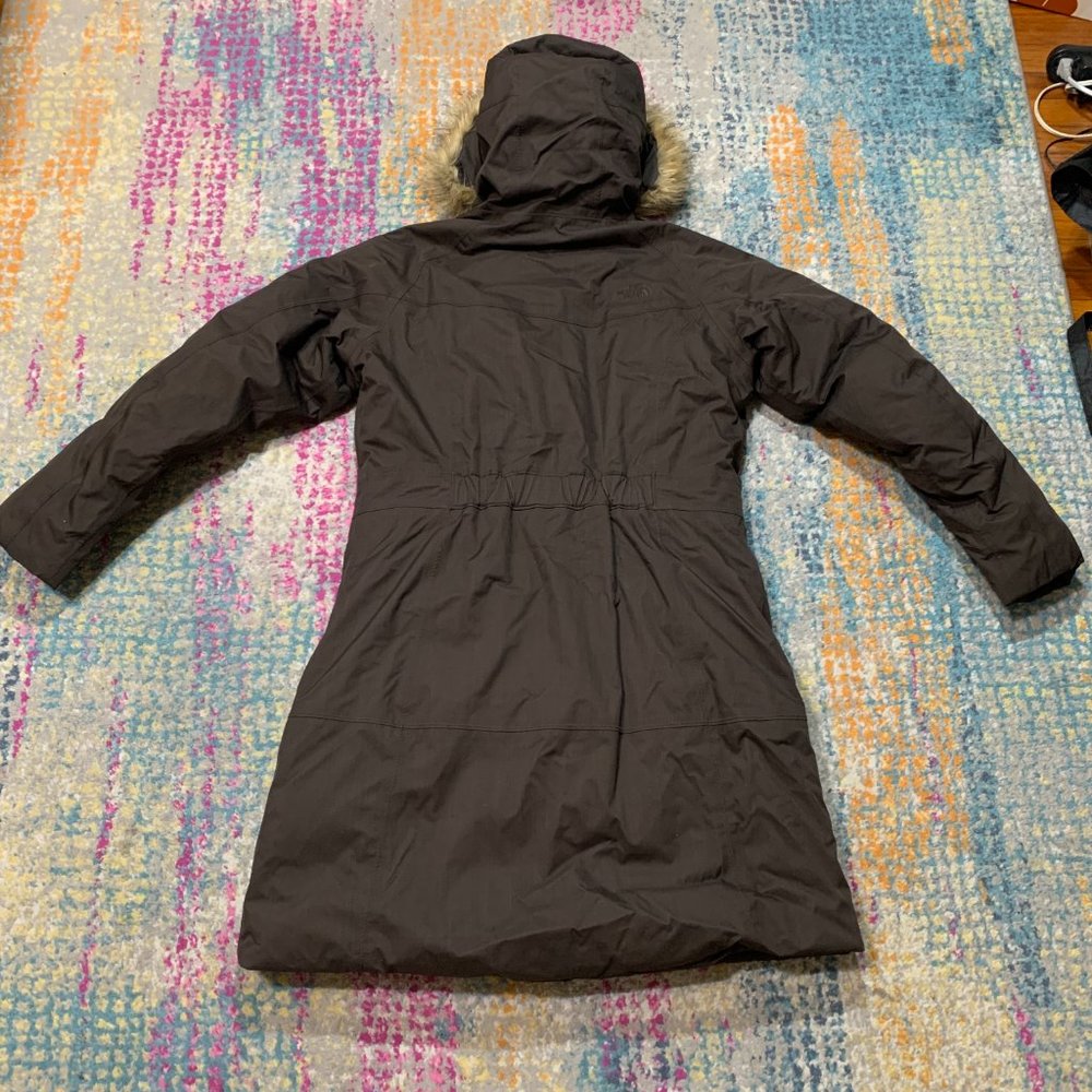 The North Face Goose Down Long Parka Coat Brown Hooded Fur Women's Size Large - Picture 9 of 10